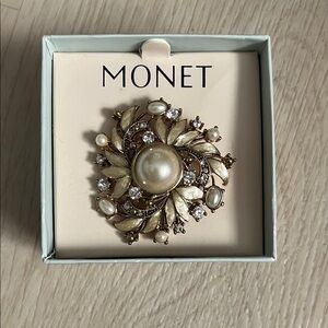 Vintage Monet Flower Enamel Marcasite Pearl Gold Brooch Pin